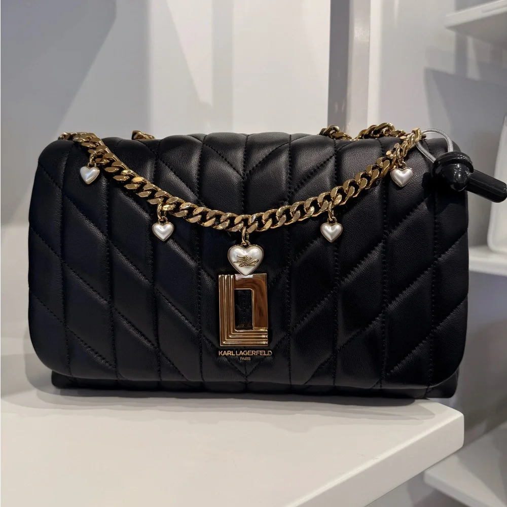 KARL LAGERFELD PARIS Lafayette Quilted Shoulder Bag Black Heart Charm Chain Gold